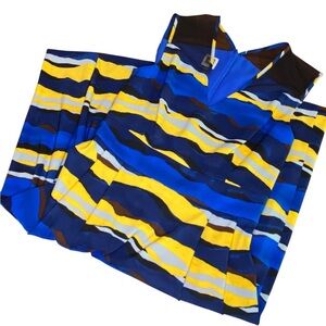 Anne Klein Dress Women’s 4 Blue Yellow Brown Black Sheer Shoulder Sleeveless Zip